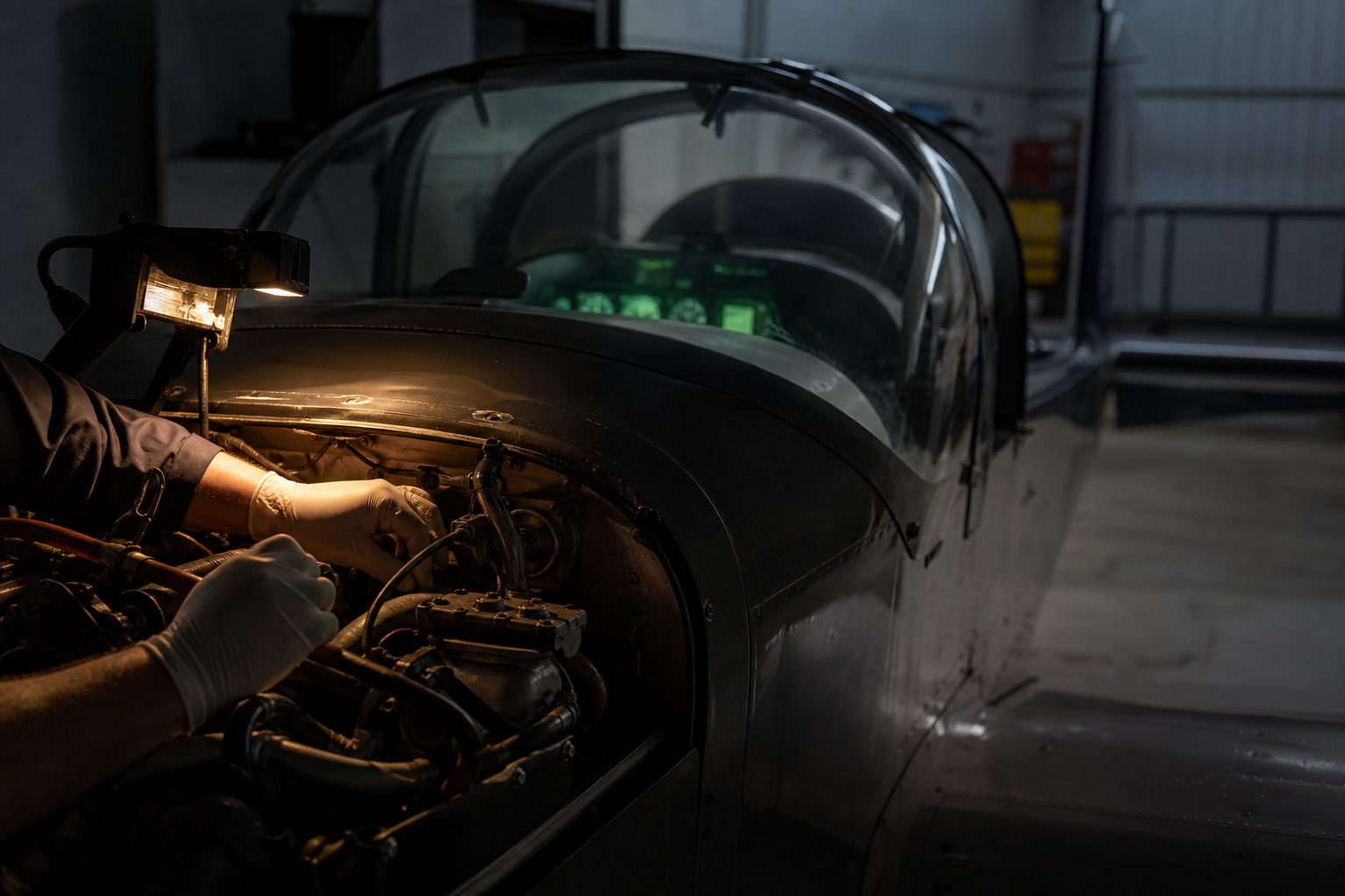 Gloved mechanic hands working at the open cowling of a trainer in a dim hangar under an amber work lamp