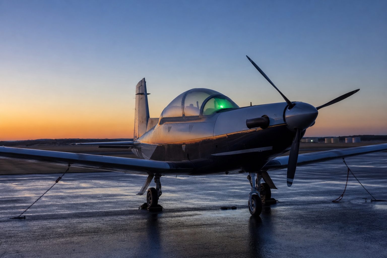 A lone trainer aircraft tied down on a wet ramp at sunrise with amber light on the cowling