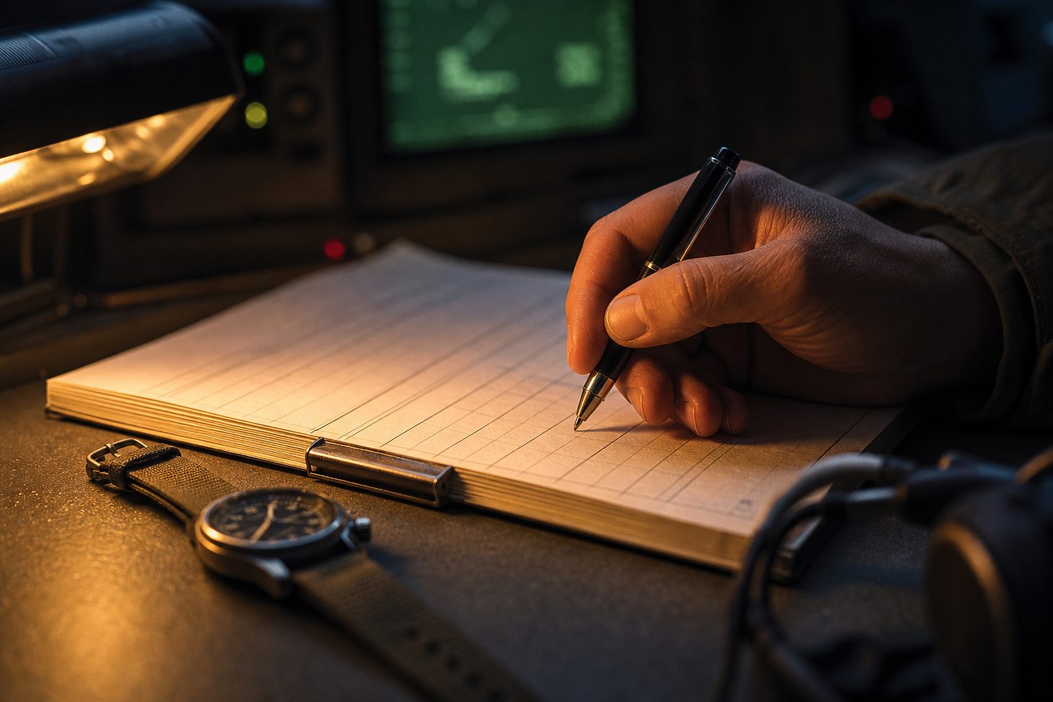 A hand with a pen poised over a logbook signature block on a dark desk under amber lamplight