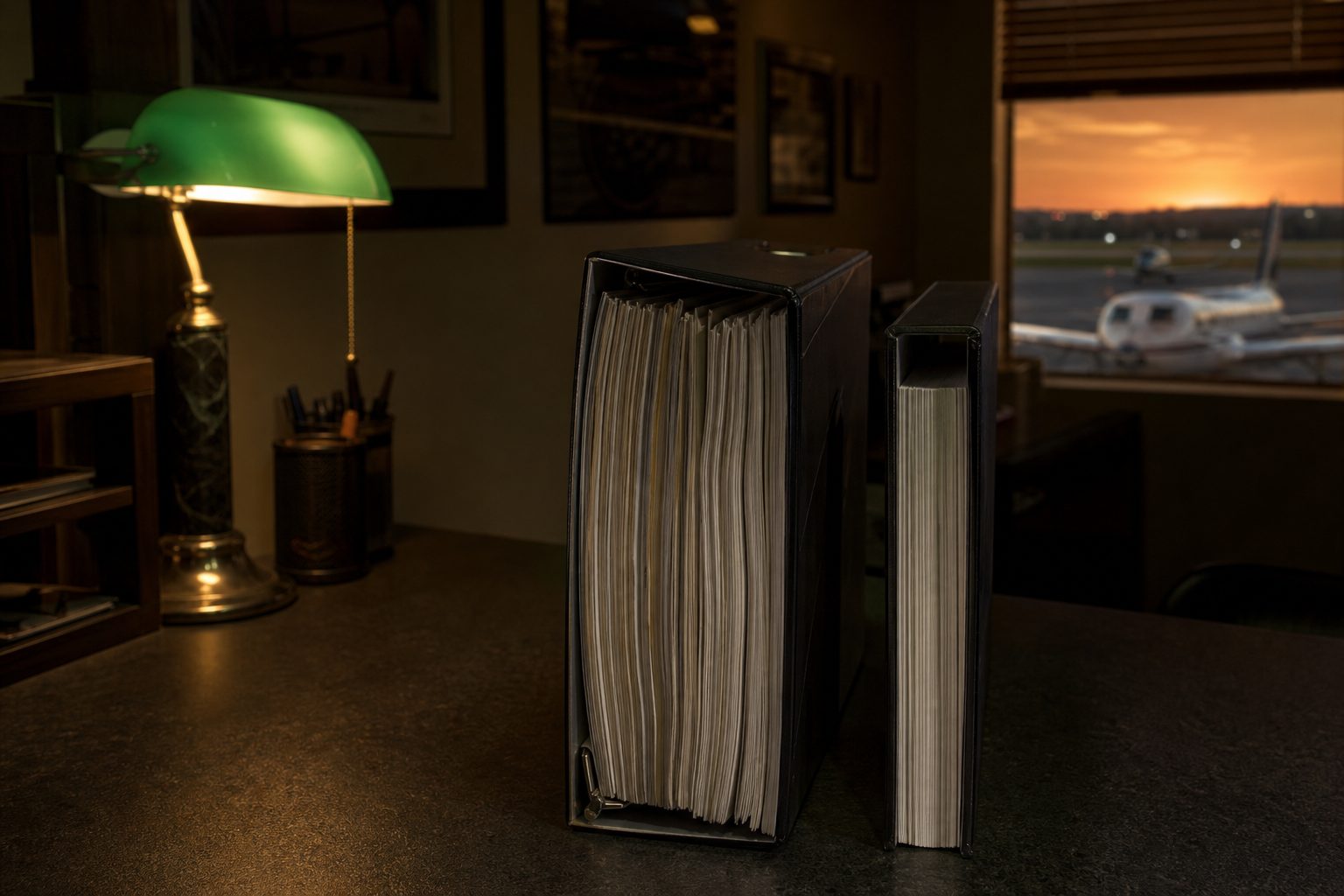 Two flight training binders of different thickness on a dark airport office counter under green and amber light