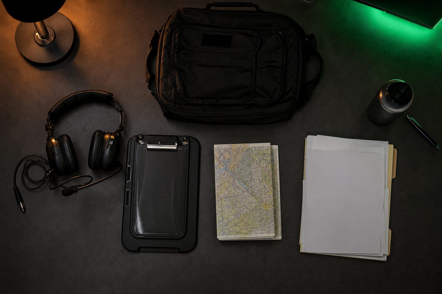 Flight bag contents laid out in a row on a dark table, headset kneeboard chart and documents under amber light