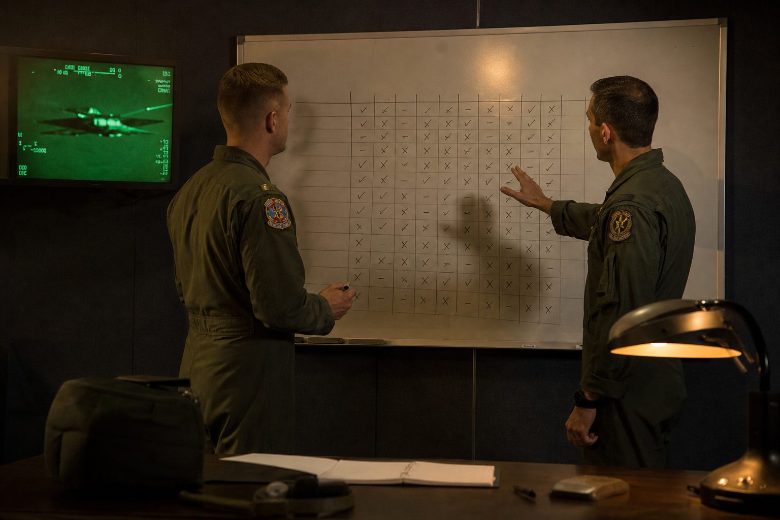 Two instructors at a whiteboard grid of progress marks in a dim briefing room lit green and amber