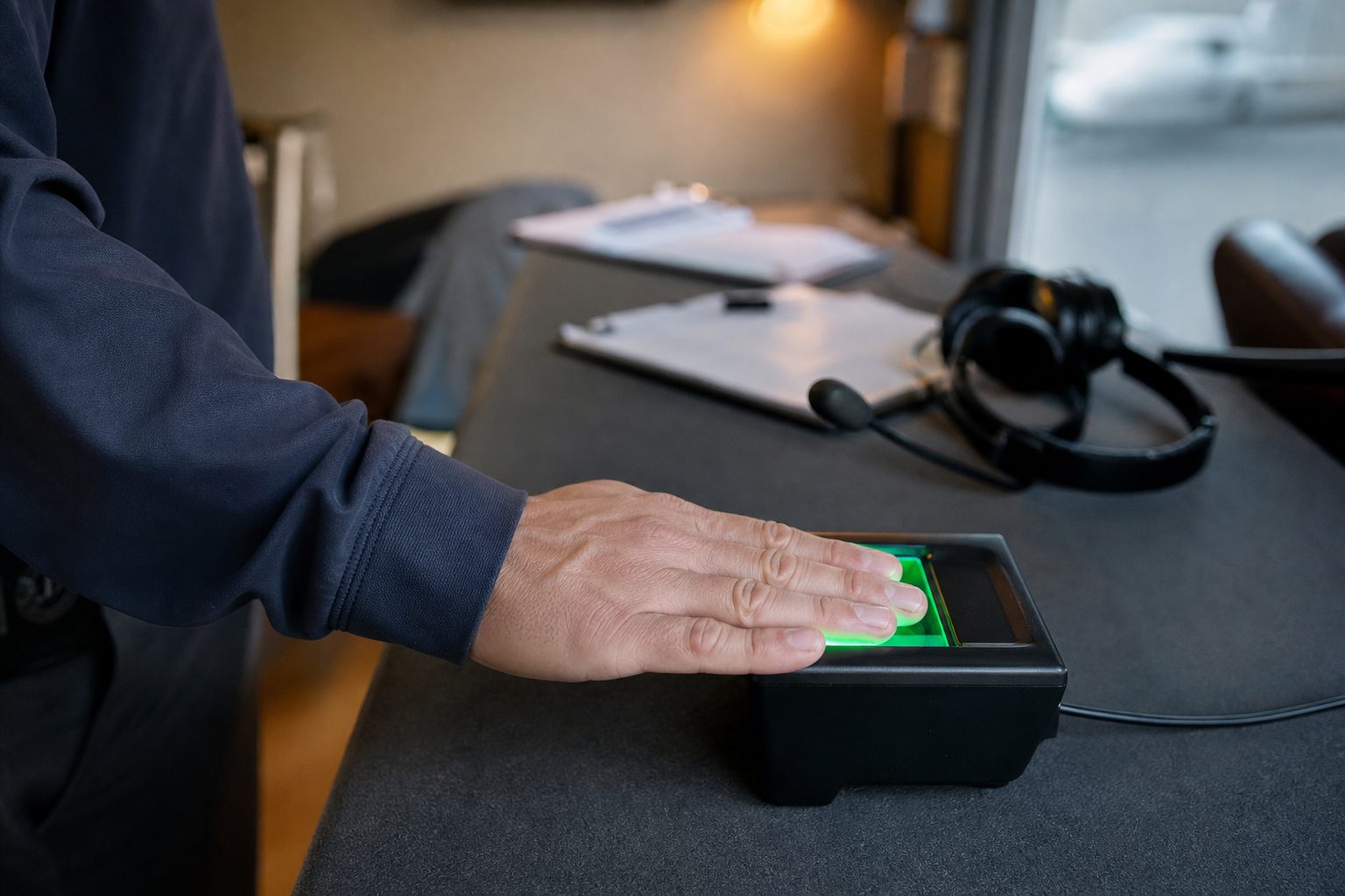 A hand on a green glowing fingerprint scanner at a dark flight school office counter with amber light behind