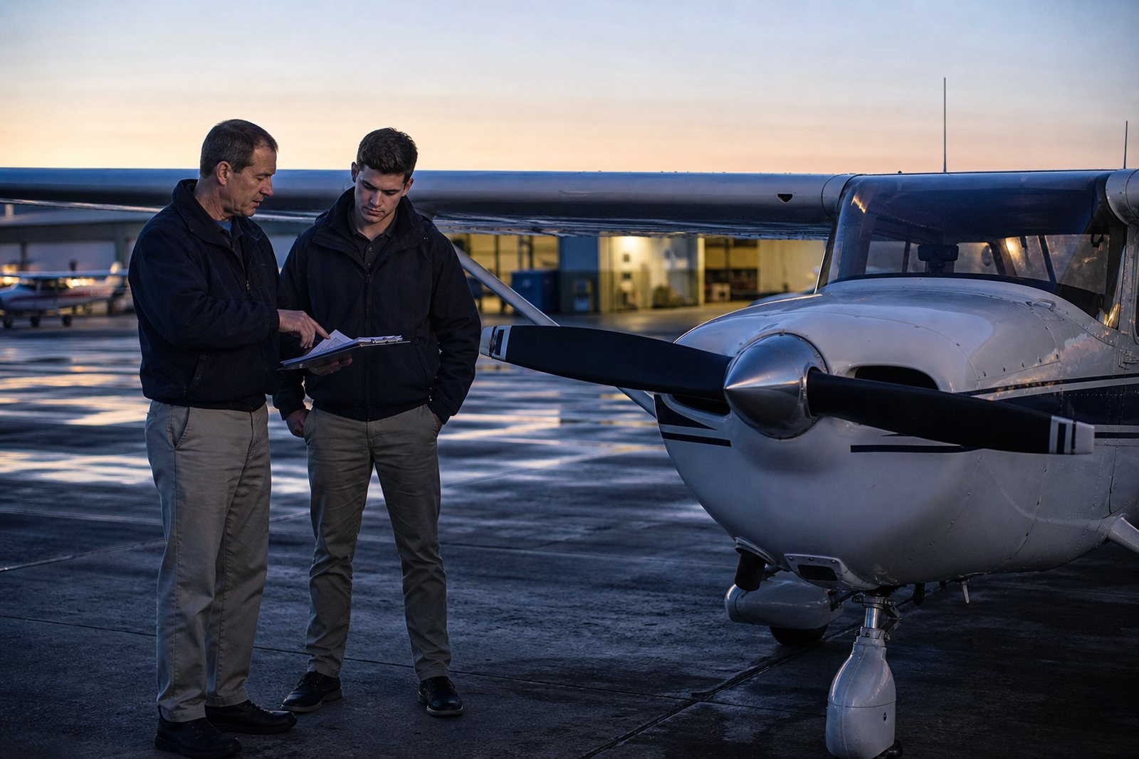 Flight instructor and student pilot running a preflight briefing with a clipboard beside a single engine training airplane on a general aviation ramp at dawn
