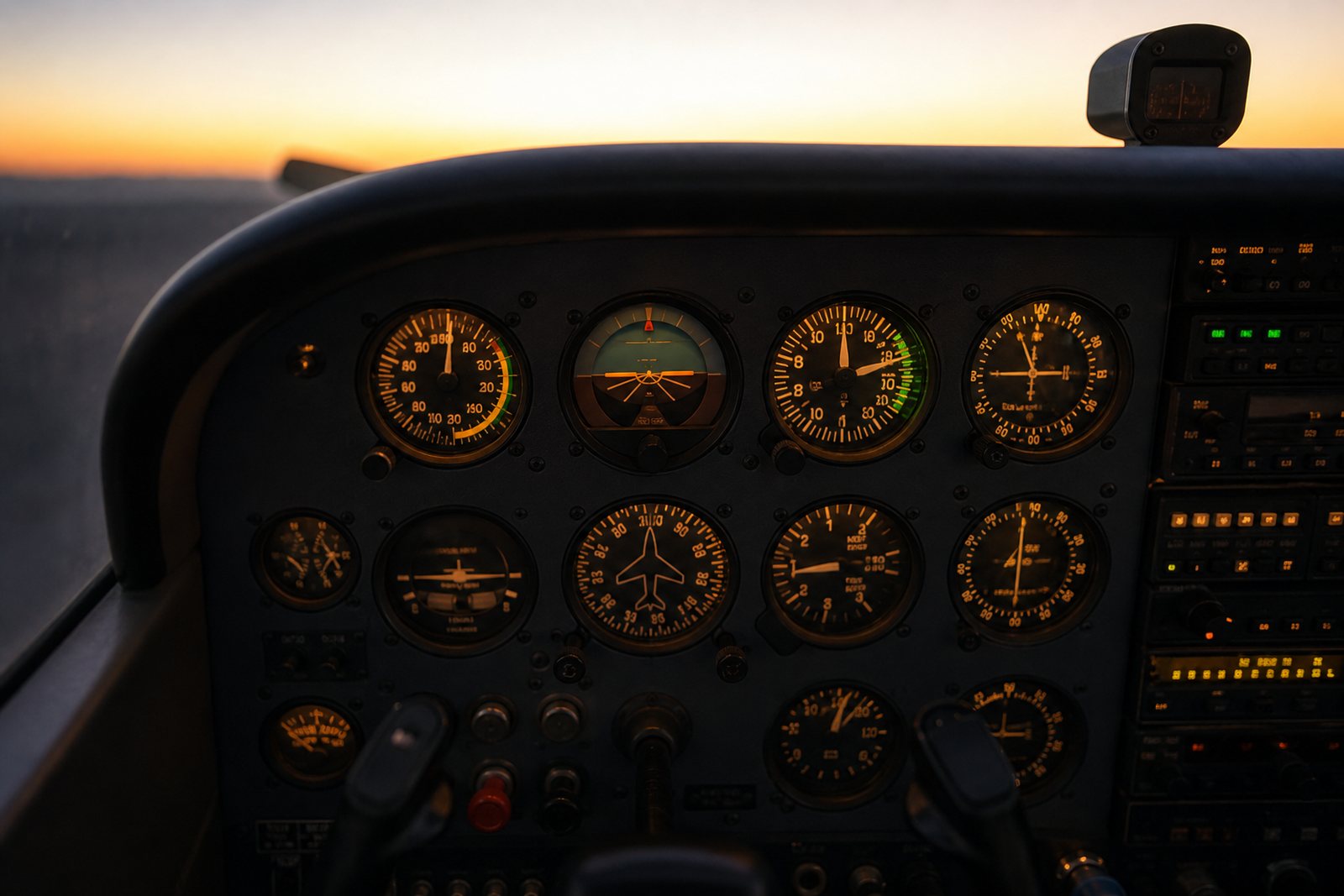 Analog instrument panel of a single engine training airplane glowing amber and green at dusk with airspeed, attitude and altimeter gauges in view